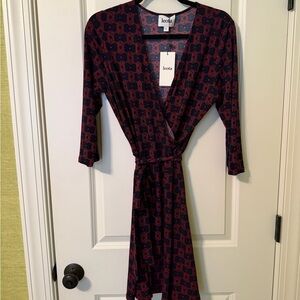 Leota Navy and Red Geometric Wrap Mini Dress